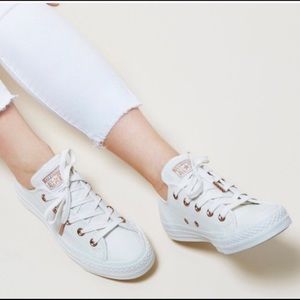 Rose gold accented White Leather converse